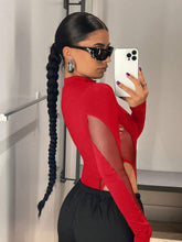 Contrast Mesh Mock Neck High Cut Black Bodysuit